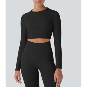 Halara Seamless Flow Round Neck Raglan Long Sleeve Cropped Yoga Top Sz Small Bla